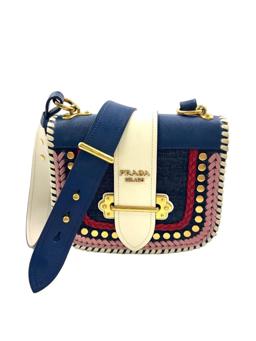 Prada Cahier Leather Navy White Shoulder Bag Gold